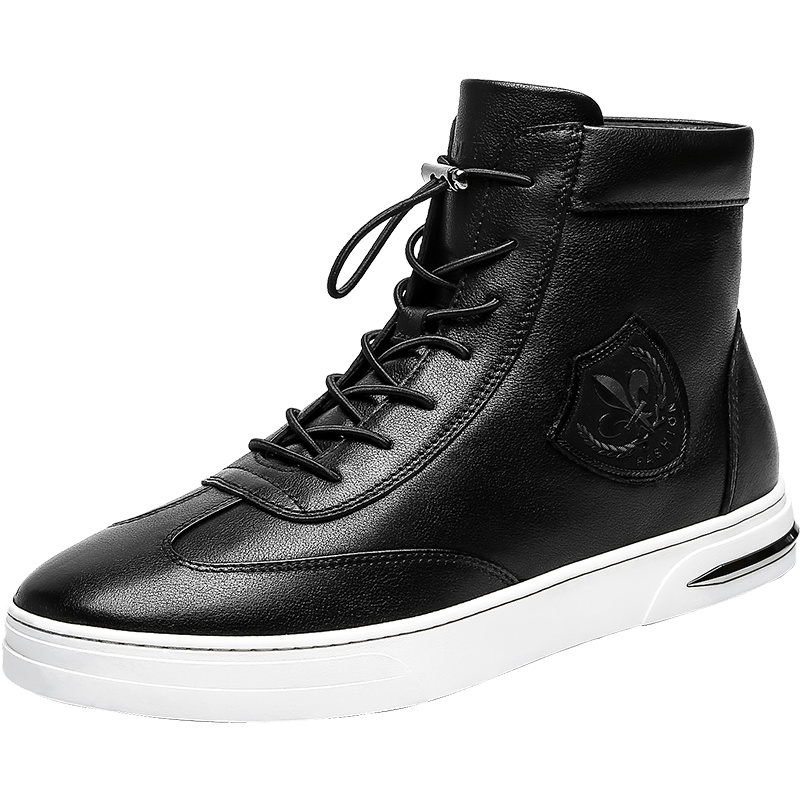 GOLF/高尔夫高帮鞋男韩版潮流百搭小黑鞋真皮休闲板鞋男黑色