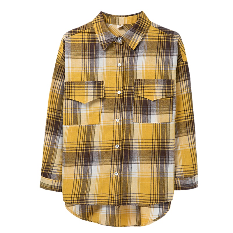 恒源祥女士衬衫2020秋款棉翻领衬衣宽松长袖格子衬衫女