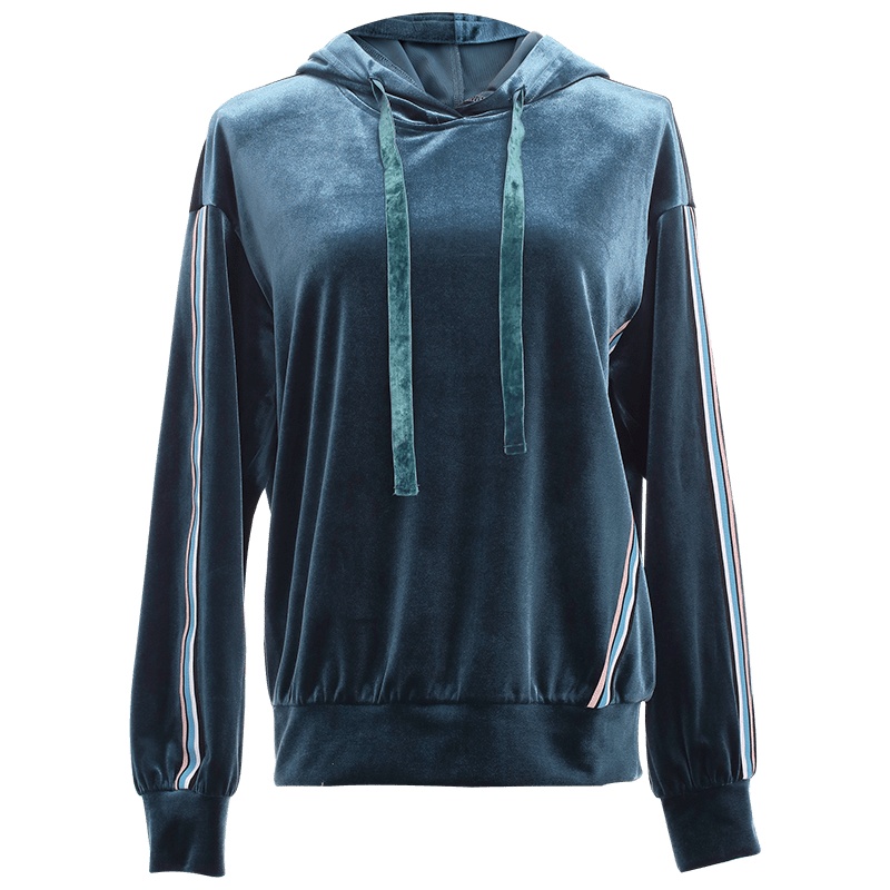 欧昵雪连帽套头撞色织带长袖丝绒卫衣女显瘦宽松上衣