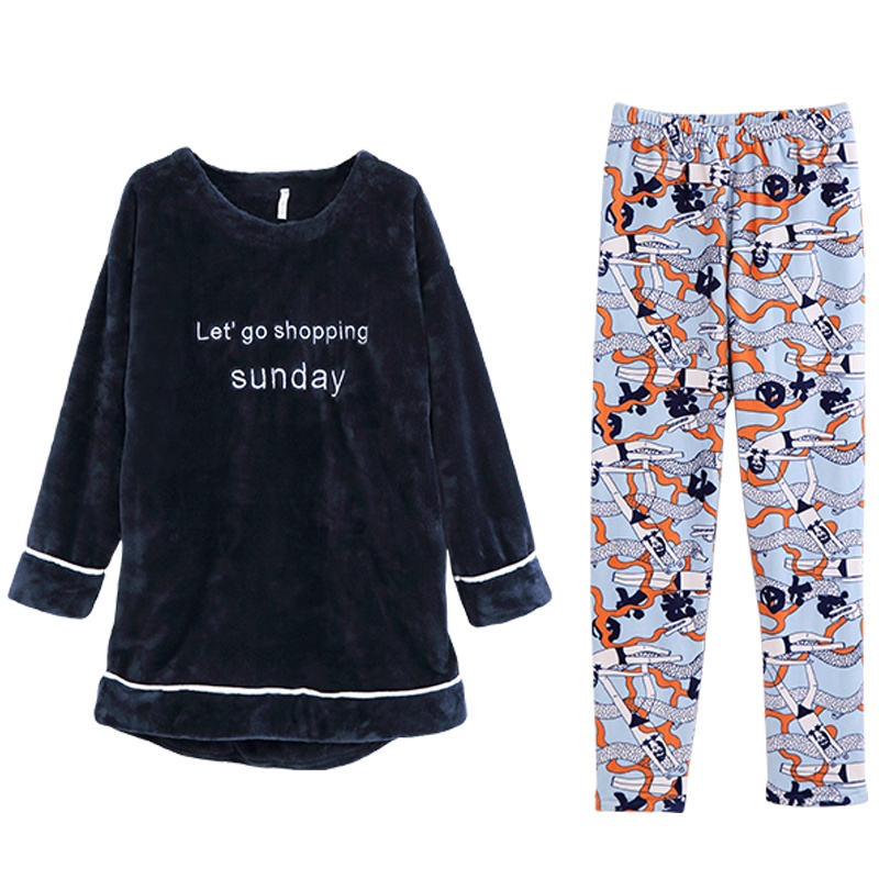 安之伴冬季珊瑚绒睡衣长袖修身裤休闲加厚女士家居服套装