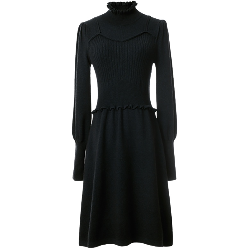 欧昵雪冬装立领拼接木耳边收腰显瘦针织连衣裙女