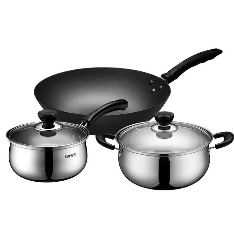 苏泊尔(SUPOR)锅具套装厨房锅具三件套铸铁炒锅不锈钢汤奶锅电磁炉通用VTP1601T