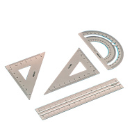 得力deli79532套尺4件套铝合金金属直尺量角器三角尺组合套装办公学生教学文具几何数学儿童多功能三角板坚固耐用银色