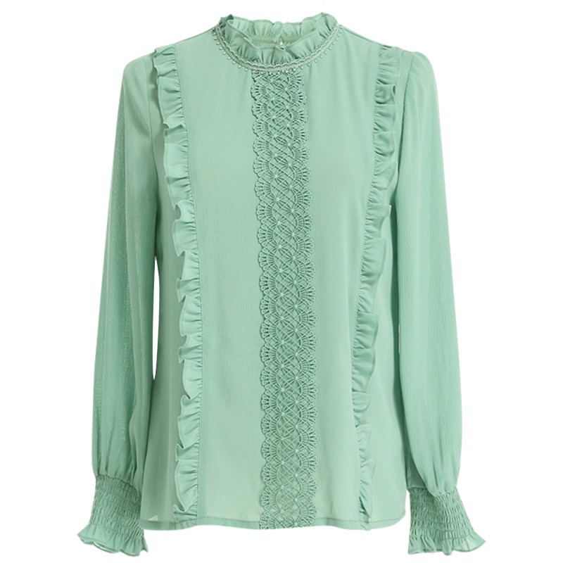 欧昵雪时尚木耳边立领显瘦小衫女长袖镂空花边上衣