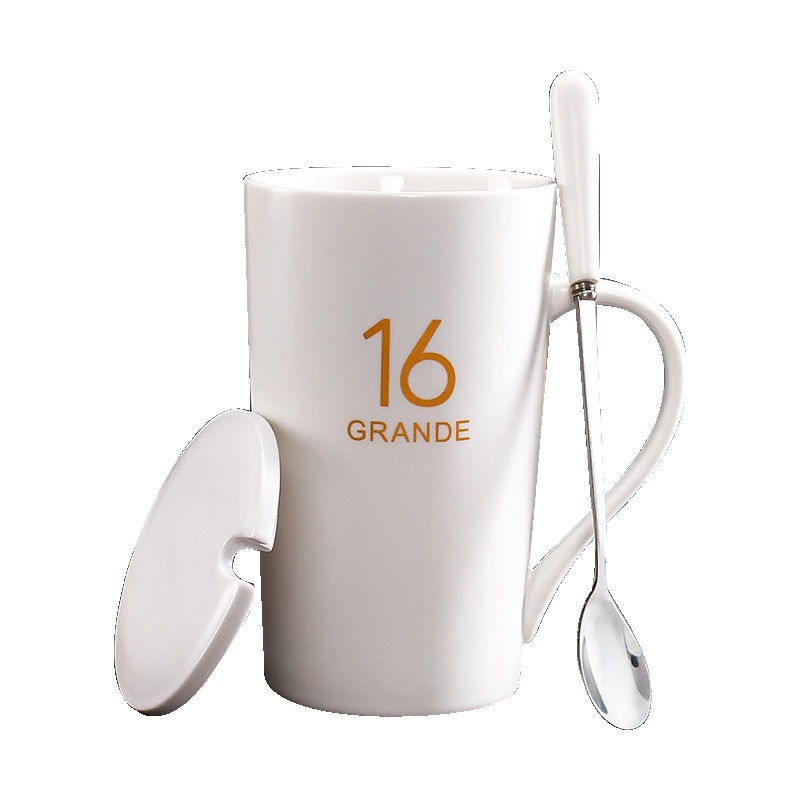 贝瑟斯 陶瓷大容量水杯马克杯简约时尚情侣杯带盖勺咖啡杯牛奶杯 白色16oz