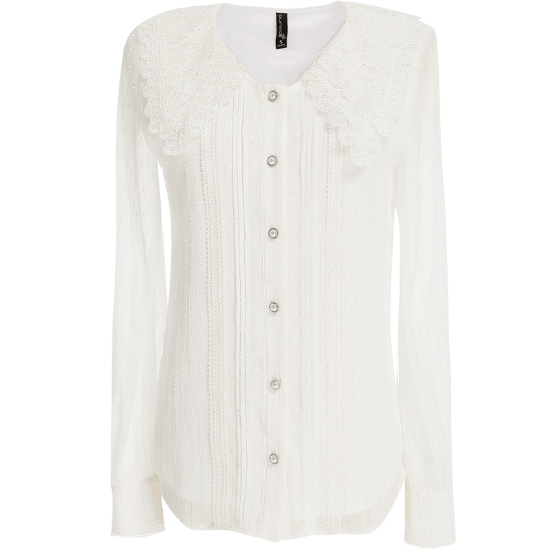 欧昵雪蕾丝拼接V领白色衬衫女长袖开衫雪纺衫上衣