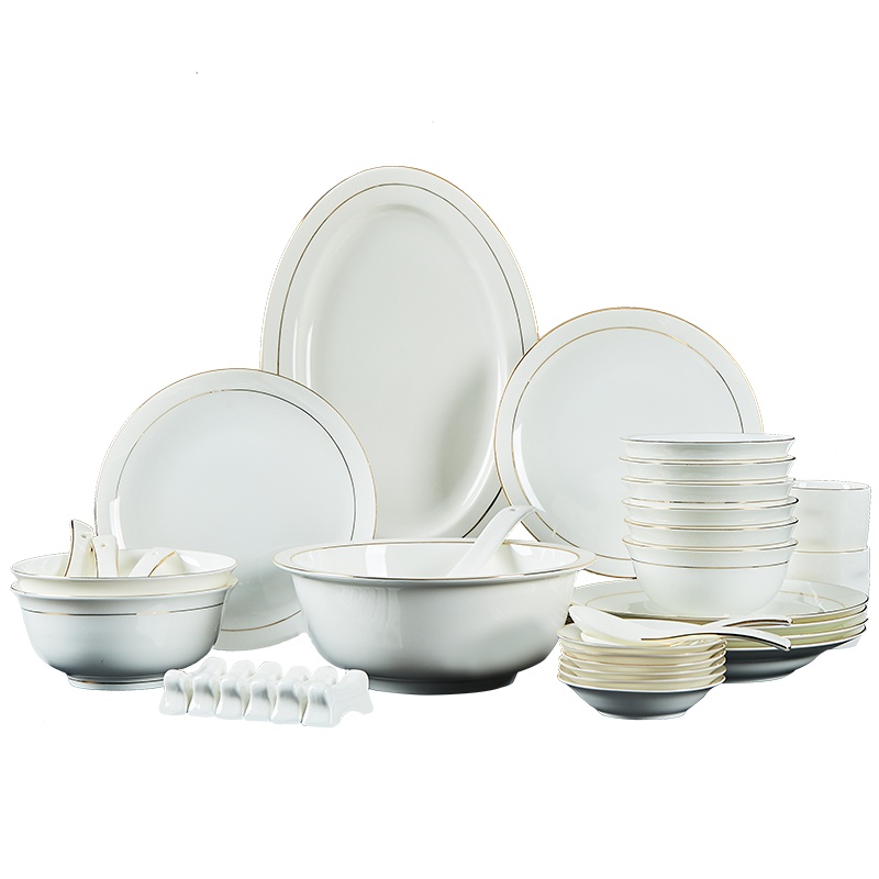 富昱景 景德镇陶瓷餐具 欧式骨瓷碗碟家用金边餐具套装碗盘组合 47件雅逸