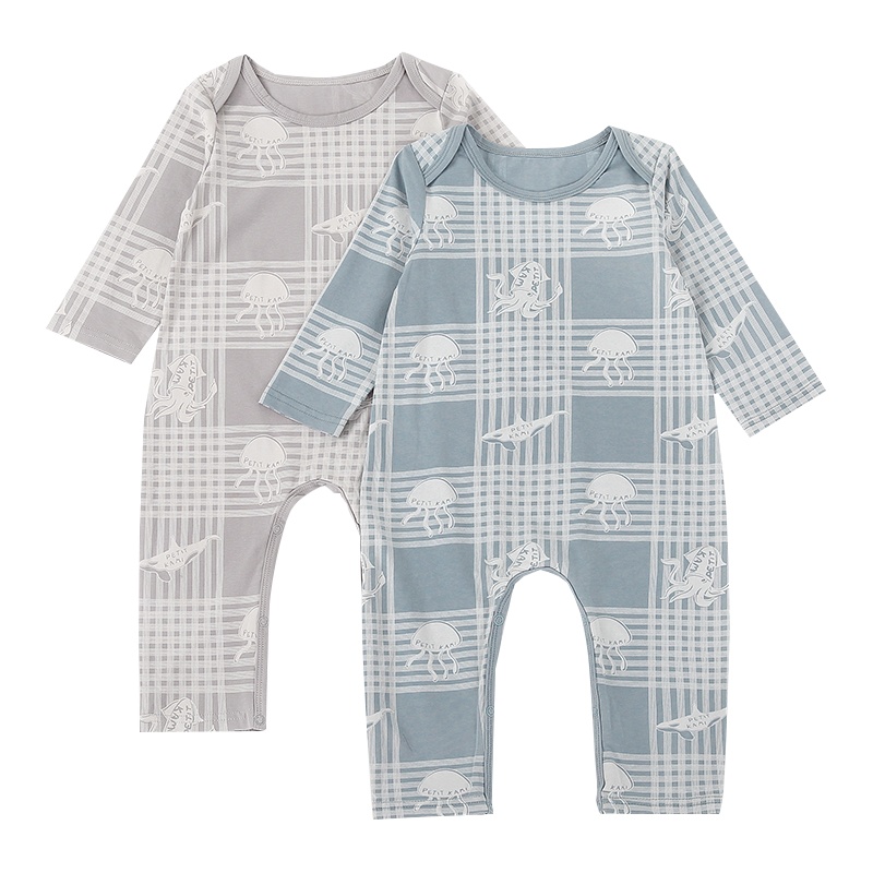 Petitkami2021秋季婴儿海洋彩拔信封领长袖爬服哈衣睡衣连体衣