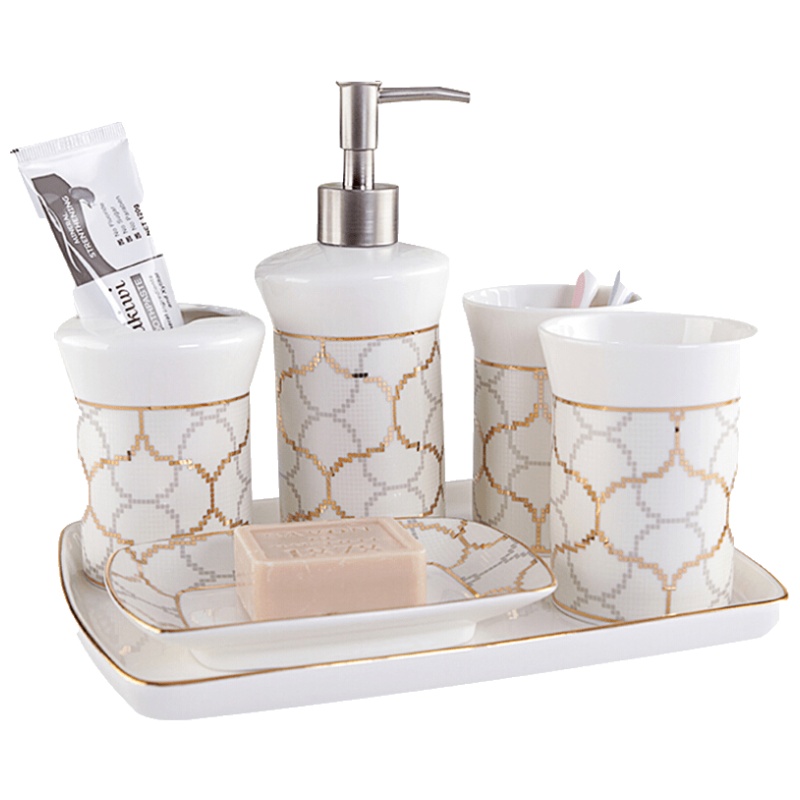 品牌直营> 欧式卫浴五件套陶瓷卫生间浴室用品套件美式洗漱套装牙刷架漱口杯安心抵
