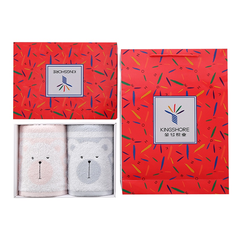 金号A类毛巾礼盒套装 纯棉卡通柔软吸水面巾两条装