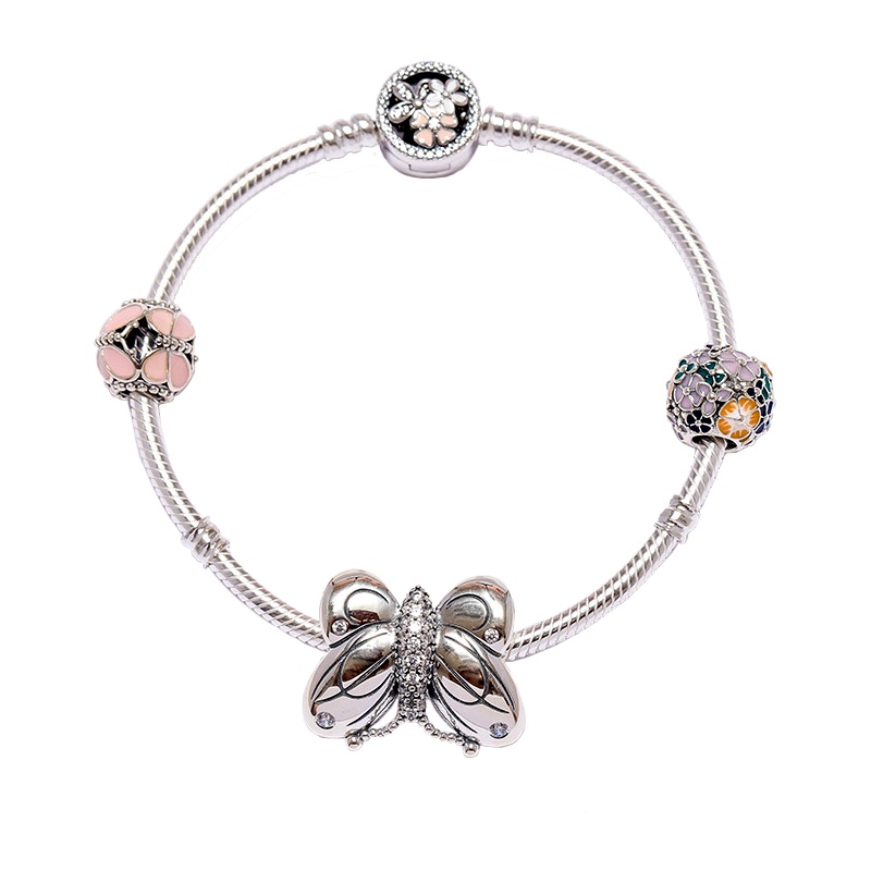 PANDORA潘多拉925银手镯 粉色蝶群 银蝶飞舞串饰成品手链套装