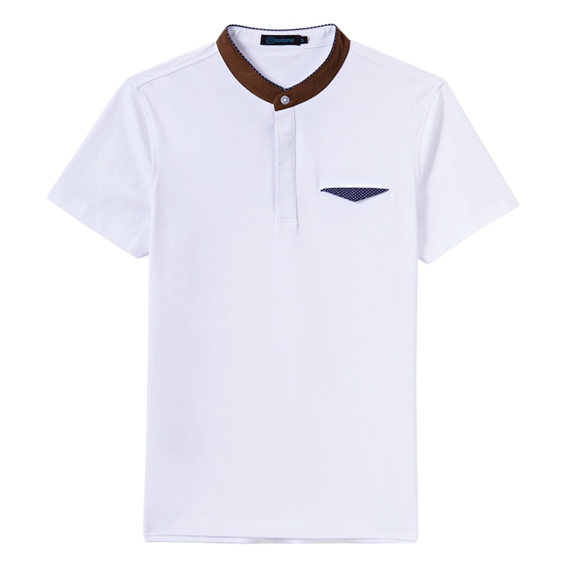 蒙蒂埃莫简单舒适棉质撞色拼接小立领短袖棉T恤