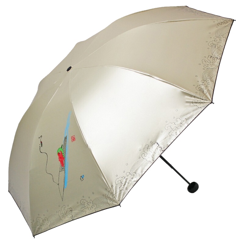 天堂伞（防晒指数UPF50+）山海妙禅佛云禅道丝光绒黑胶三折晴雨伞太阳伞