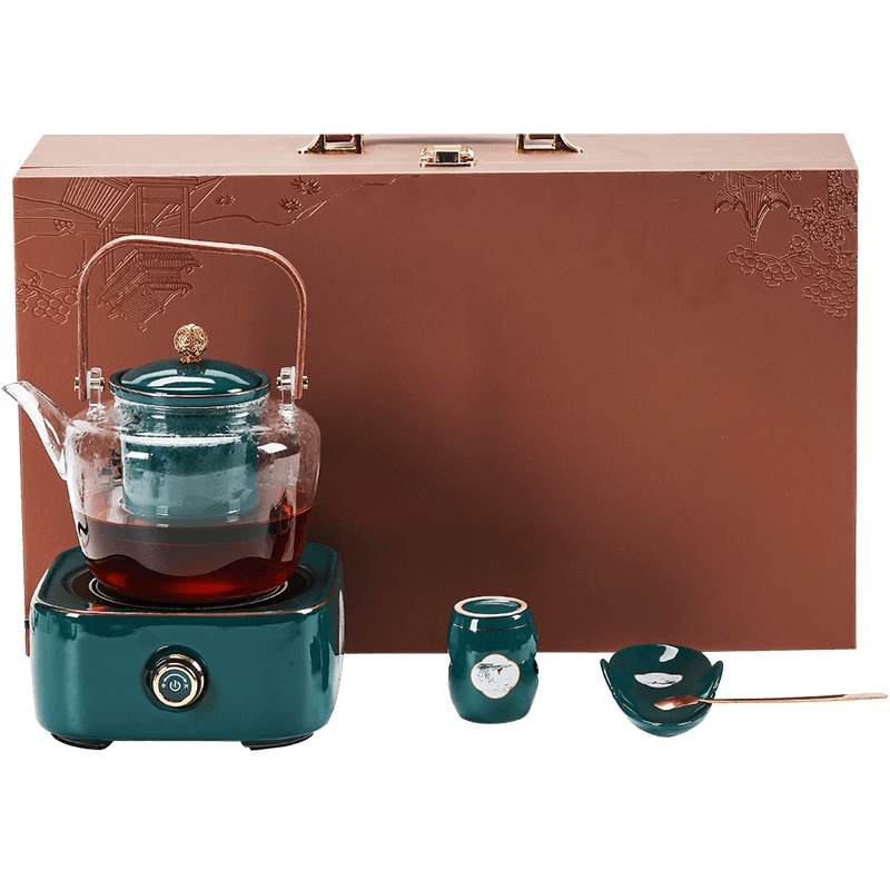 領藝 高档煮茶器套装办公功夫茶具孔雀绿蒸煮玻璃茶壶客厅家用电陶炉中式茶礼 寒江玻璃煮茶器电陶炉礼盒装