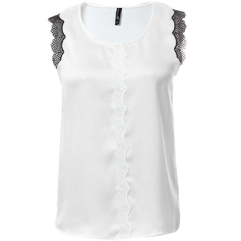 欧昵雪夏季花边拼接百搭宽松外穿白色背心女圆领无袖上衣T恤
