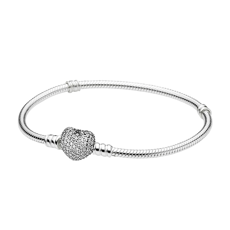 PANDORA/潘多拉 爱心形锆石扣 基础蛇骨手链 女士 送恋人 银饰 925银590727CZ