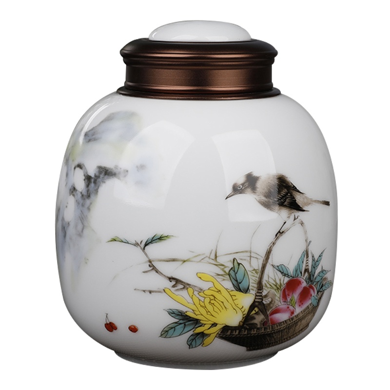 LICHEN 景德镇茶叶罐陶瓷密封储物干坚果罐子中草药防潮防虫带盖罐约半斤装双层金属盖子 多子多福