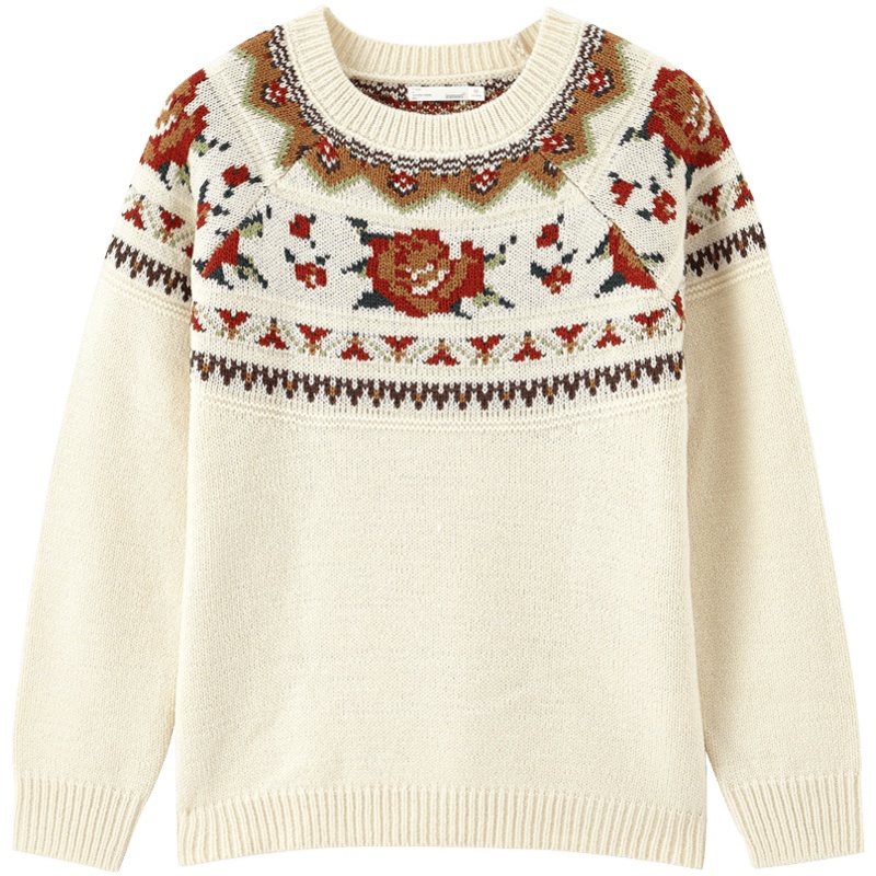 茵曼2019秋装新款文艺古着提花女士奶奶毛衣套头杏色外穿秋冬线衣