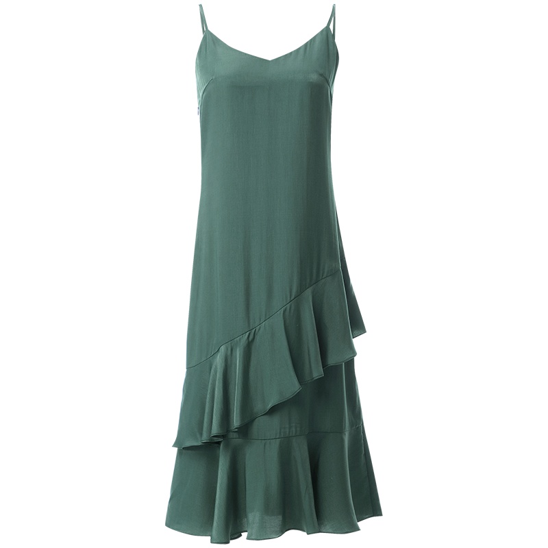 欧昵雪夏季性感绿色V领修身荷叶边吊带连衣裙女a字中裙