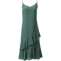 欧昵雪夏季性感绿色V领修身荷叶边吊带连衣裙女a字中裙