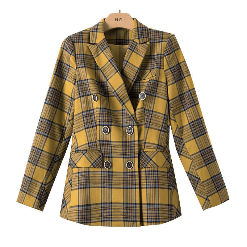 晚白2021春季新品时尚英伦范格子修身百搭双排扣职业西装外套女