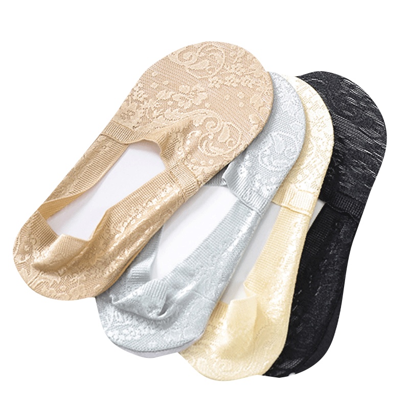 浪莎船袜 薄款浅口隐形蕾丝 硅胶防滑女短袜 纯棉底女 隐形防滑袜5双