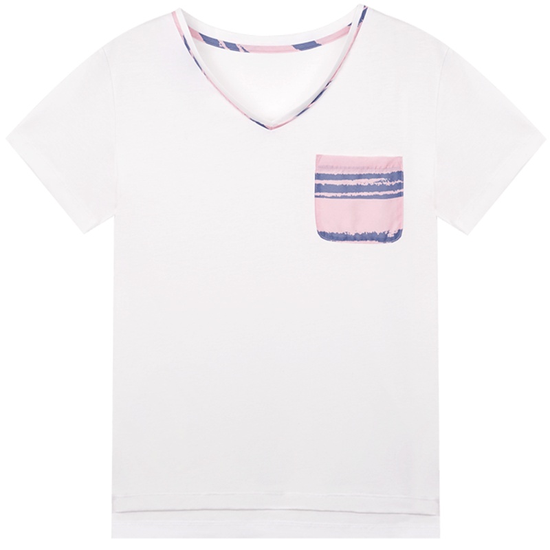 鄂尔多斯ERDOS 春夏V领纯棉装饰口袋女士短袖T恤