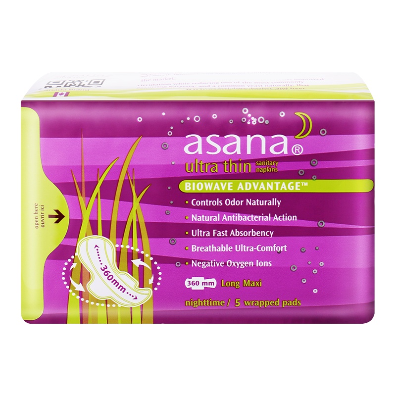 阿莎娜asana 加拿大原装进口超薄棉面360加强型夜用卫生巾5p