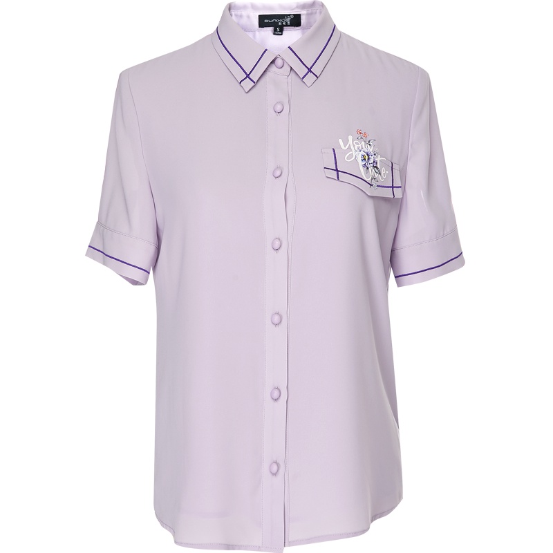 欧昵雪夏季简约撞色衬衫领绣花修身雪纺衫女休闲短袖上衣