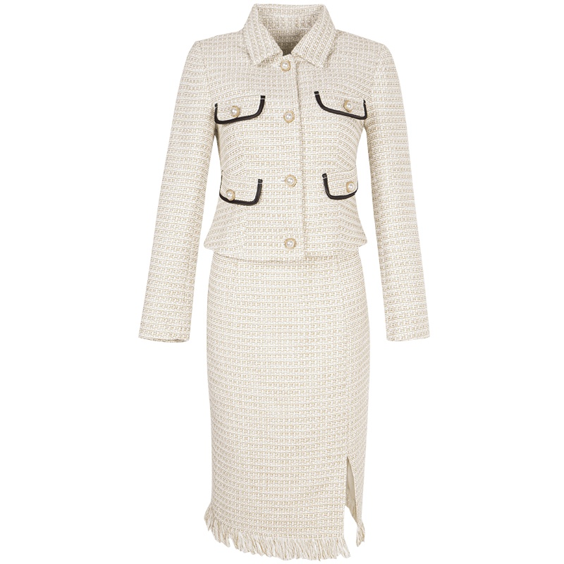 晚白2021春季新品修身两件套小香风外套高腰包臀裙半裙时尚套装女