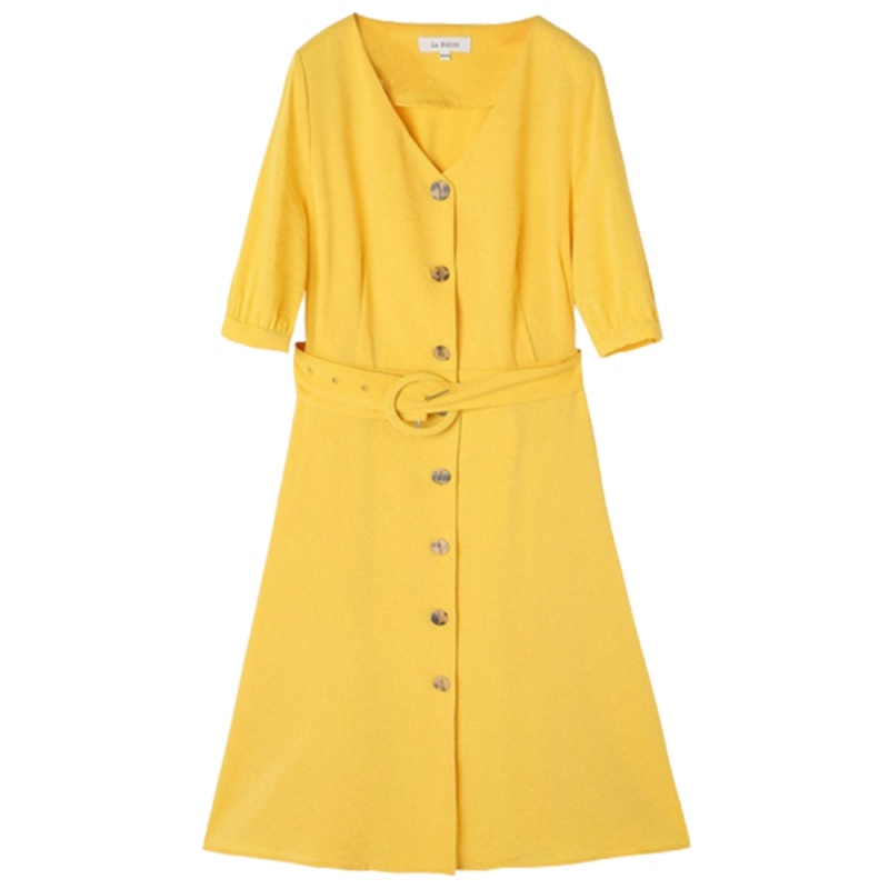 【专柜同款】拉夏贝尔旗下夏季新款法式复古V领收腰五分袖纯色过膝A字连衣裙60007895