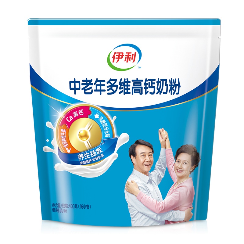 伊利欣活 中老年多维 富含钙 奶粉400g袋装 成人奶粉 多种维生素 便携小包装16*25g