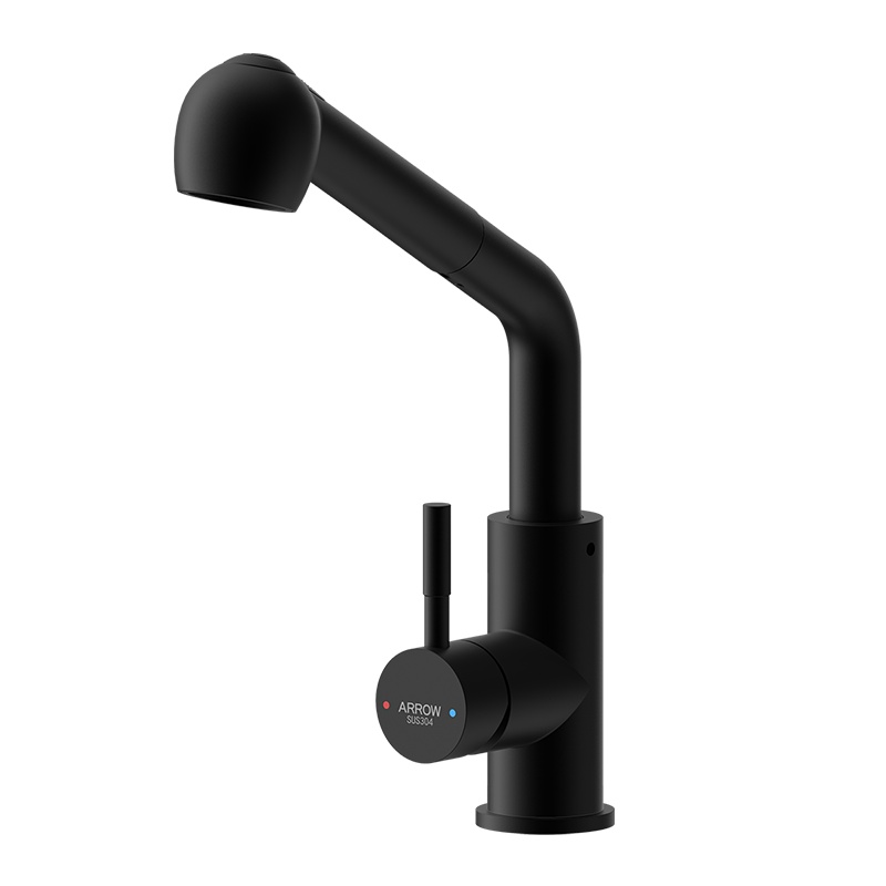 箭牌卫浴(ARROW)厨房水龙头不锈钢黑色坐式方形360度陶瓷阀芯龙头冷热通用可旋转 防溅头水龙头双功能出水抽拉式水龙头