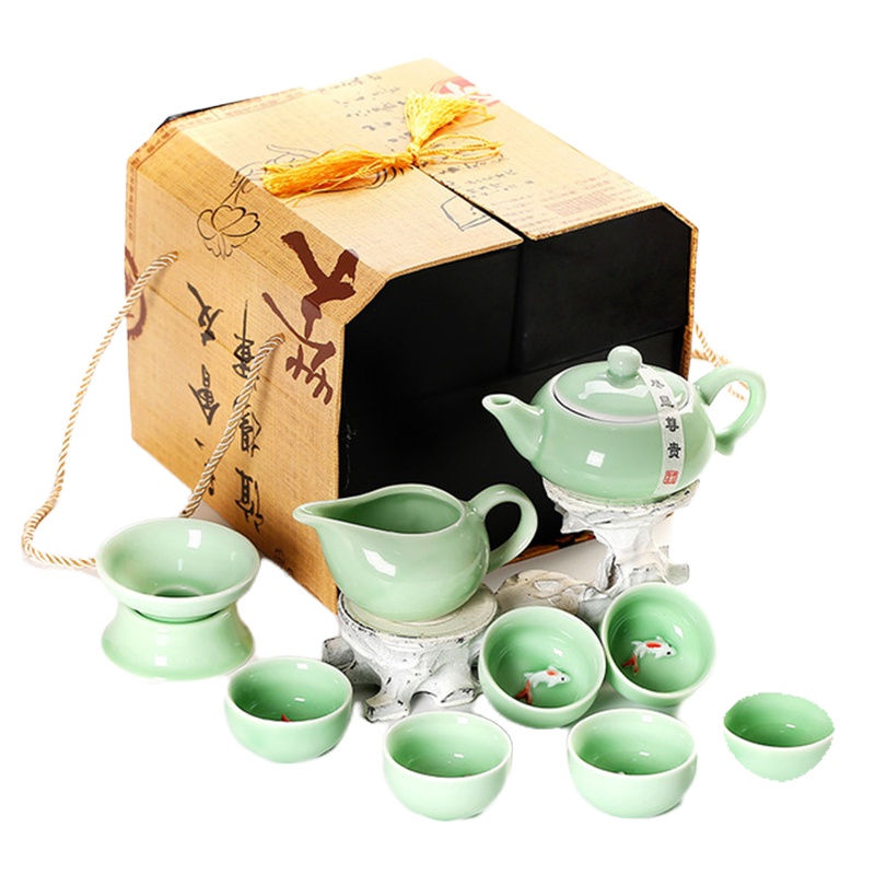 10头青瓷鱼杯茶具套装