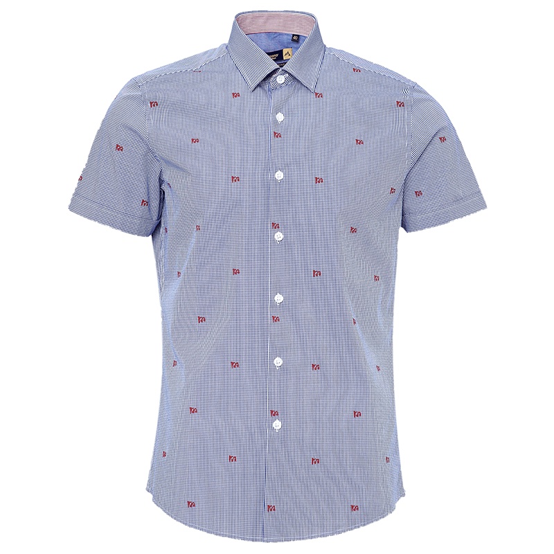 蒙蒂埃莫趣味时髦全身印花棉微弹男士修身版短袖休闲衬衣