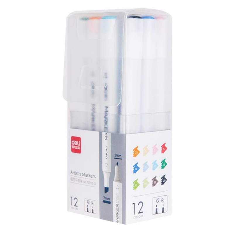 得力马克笔12色双头水彩笔方杆笔手绘设计套装学生用绘画涂鸦绘画勾线笔黑色细头70702-12