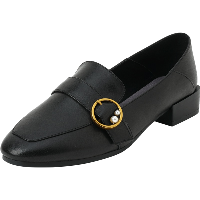 百田森新款白色乐福鞋女粗跟百搭女鞋英伦风一脚蹬鞋