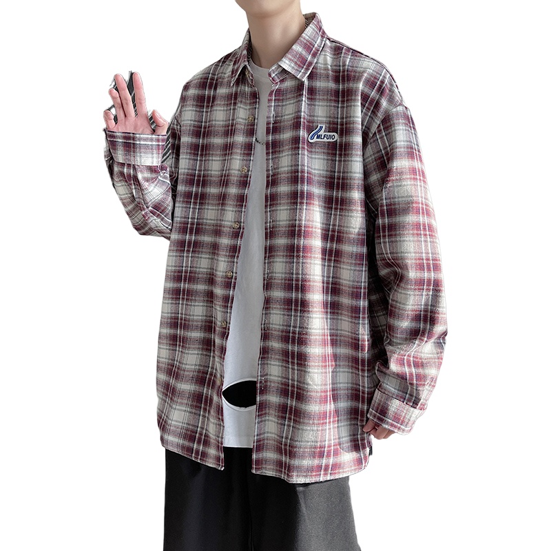 茜靓CHYLLIRN2021春季新款男士长袖格子衬衫宽松日系格纹寸衫外套男衬衣潮