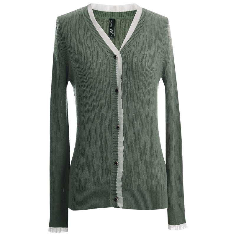 OUNIXUE欧昵雪 | [网纱拼接针织外套]春秋气质优雅V领上衣长袖打底衫毛衣女