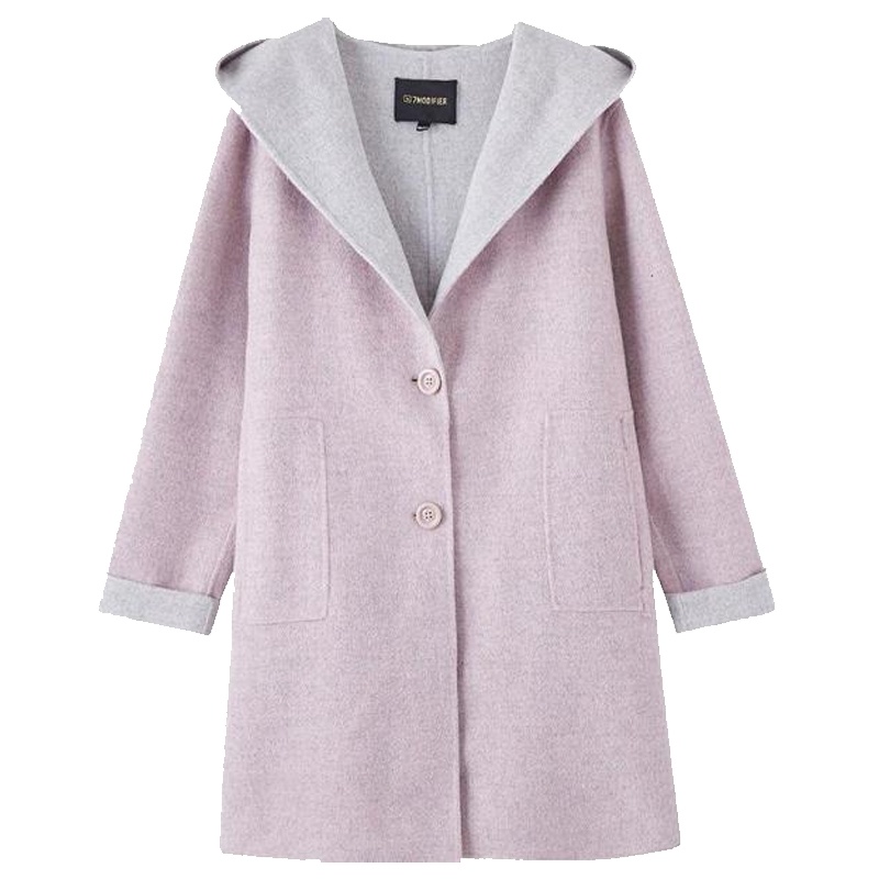 拉夏贝尔羊毛外套女冬韩版连帽宽松时尚秋冬中长款毛呢70011449