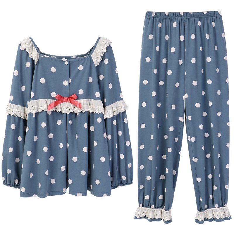 安之伴睡衣女秋棉质少女家居服弹力针织印可爱少女小圆点可外穿长袖女套装