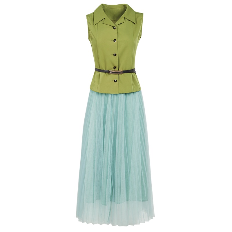 晩白 新品时尚套装裙纯色无袖上衣高腰纱纱半身裙两件套