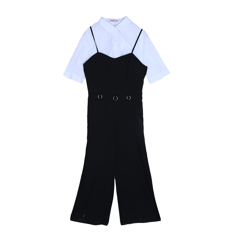 美丽衣橱夏季气质时尚短袖宽松衬衣高腰阔腿长裤套装吊带裤