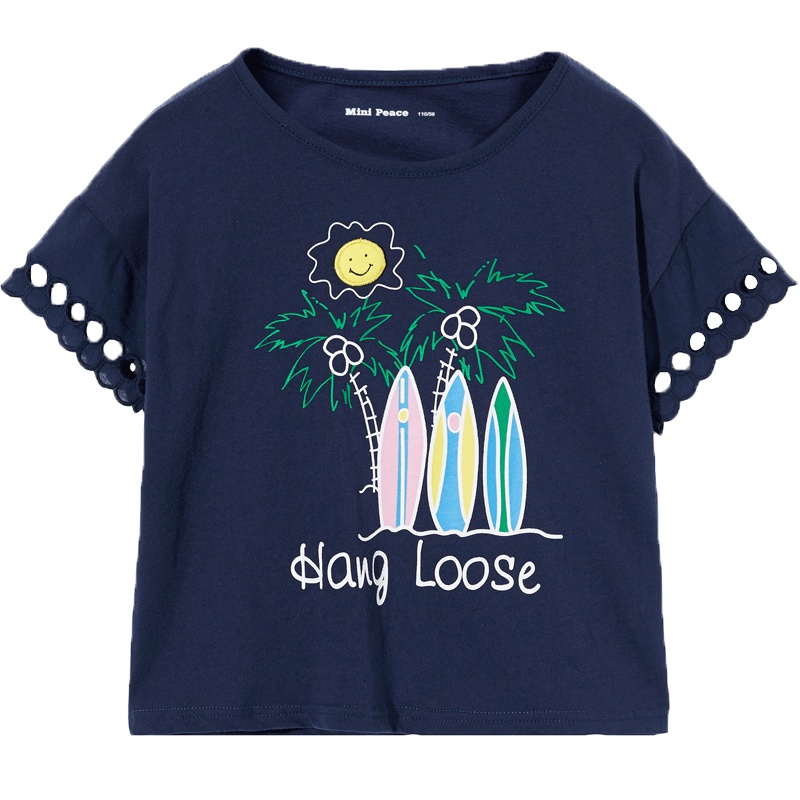 女童夏装宽松薄上衣蕾丝边透气凉爽儿童T恤短袖minipeace新款