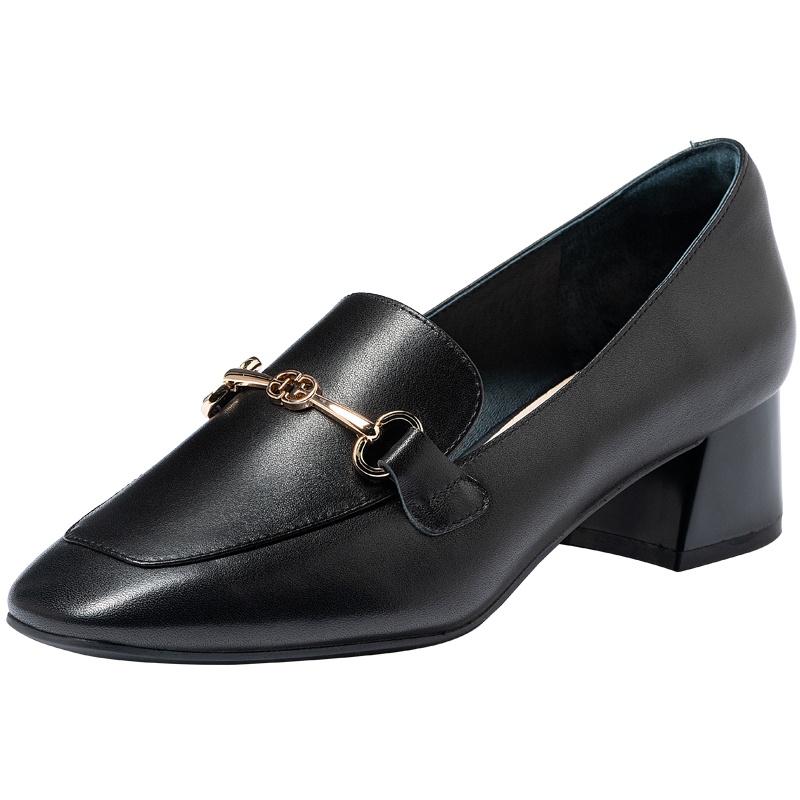 百田森乐福鞋女夏款一脚蹬英伦风马衔扣粗跟真皮休闲单鞋