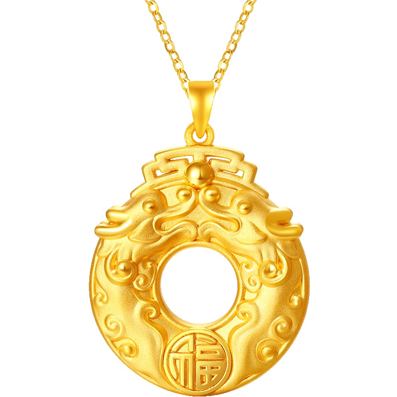 梦金园 黄金吊坠 双龙戏珠 3D硬金足金项链挂坠男女款