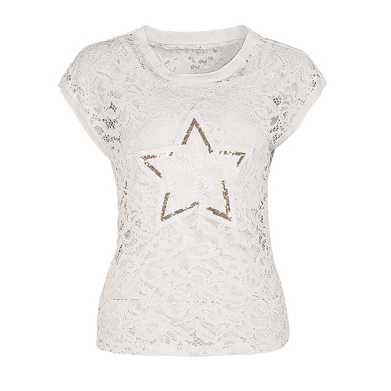 晩白 新品时尚淑女百搭圆领亮片纯色T恤蕾丝衫微透上衣