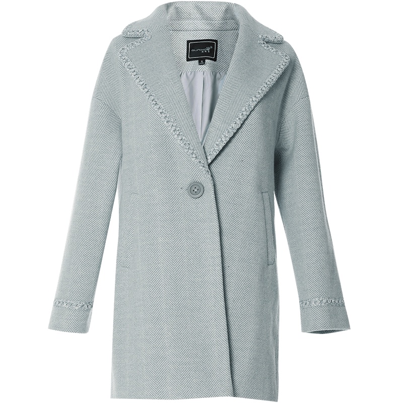 欧昵雪秋冬季一粒扣中长款显瘦宽松人字纹毛呢外套女长袖