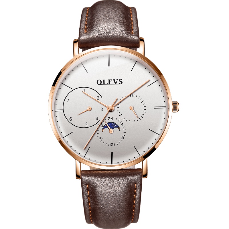 欧利时(OLEVS)瑞士认证品牌多功能计时石英表男士手表防水潮流时尚腕表商务月相精钢真皮表带机械风格男表运动休闲