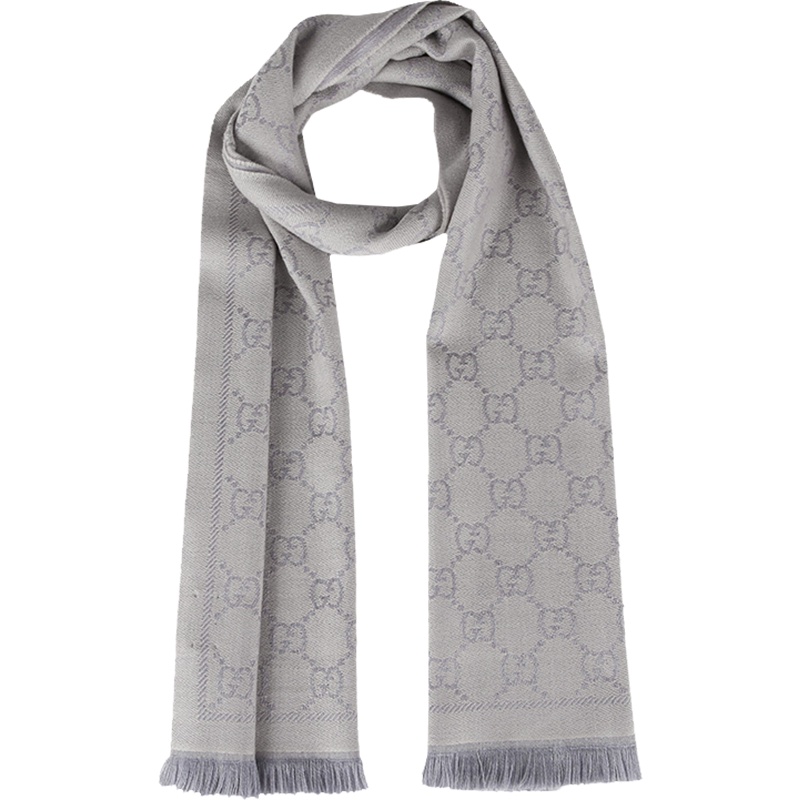 GUCCI 古驰 女士黑色羊毛双G图案流苏边围巾 银色1763